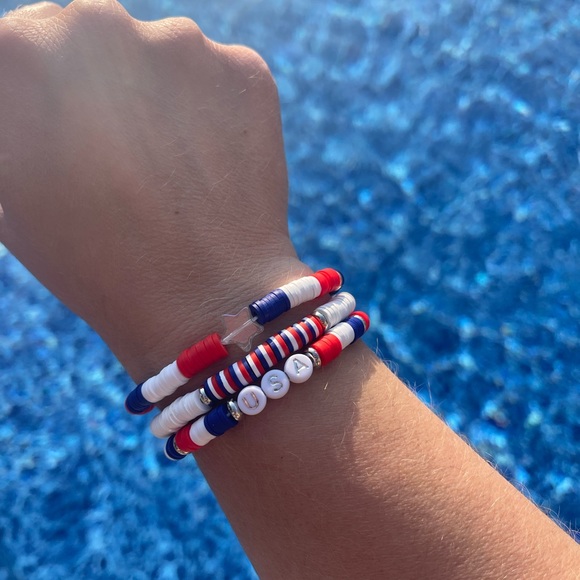 Patriotic custom Heishi bracelets, 4th of July bracelets, handmade bracelets - Picture 1 of 3